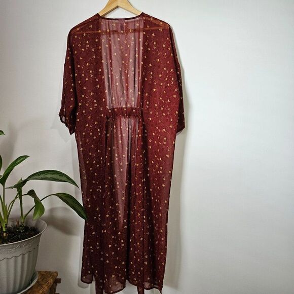 NEVER WORN TIME AND TRU RED DITSY FLORAL LONG BELTED KIMONO CARDIGAN SIZE SMALL - Picture 3 of 14